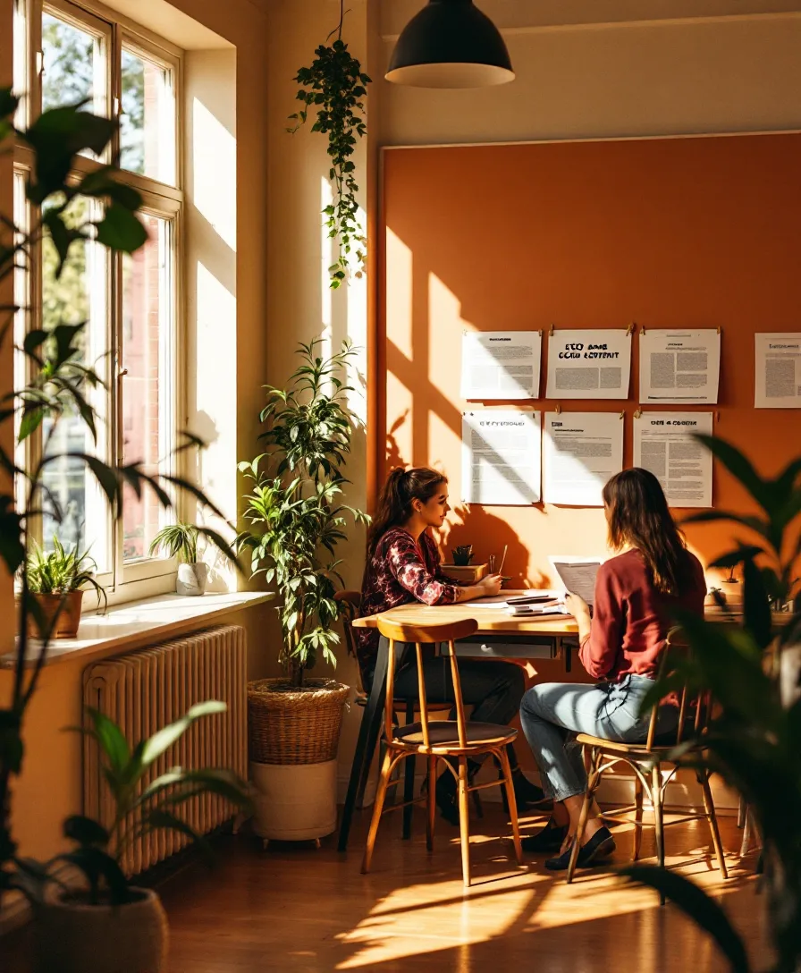 Two strategists working at wooden desks in the Elmwood Quarter studio