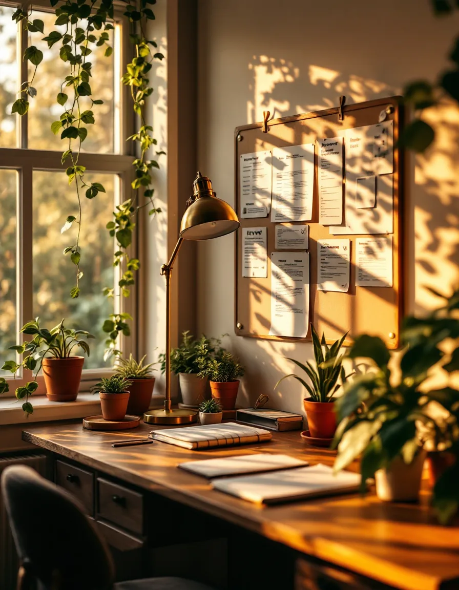 Elmwood Quarter's sunlit studio corner with pinned keyword maps and potted plants
