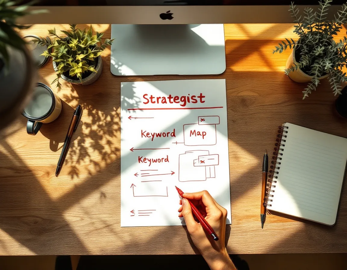 A keyword map marked up in red pen on a sunlit wooden desk